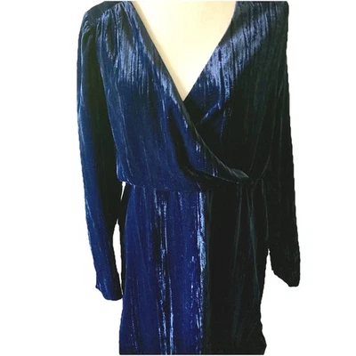 Women’s H&M Crushed Velvet Dress Sz 12 Faux Wrap Navy Blue Party Holiday Evening - Imagem 1 de 4