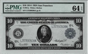 1914 $10 Federal Reserve note--fr.951a ( San Fran) -PMG CU 64 EPQ- only 9 finer - Picture 1 of 9