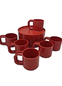 Lote de 13 tazas y platos de merienda rojos Ingrid Melamina MCM vintage retro - Imagen 1 de 10
