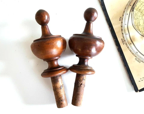2 Antique French carved wood post finial for furniture pediment clock bed 4.17" Cover