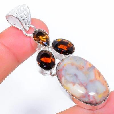 Laguna Lace Agate, Smokey Gemstone 925 Sterling Silver Jewelry Pendant 2.4" - Image 1 of 2