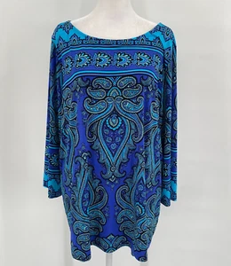 Bob Mackie Usable Arte Talla 1X Azul Púrpura Paisley Cuello Redondo Túnica Fluida Boho - Imagen 1 de 17