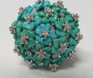 Turquoise Flower Motiff and Diamond Ring 18k Gold - Picture 1 of 6