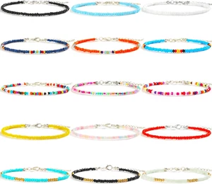 8Pcs Handmade Beaded Anklets for Women Boho Colorful Beads Ankle Bracelets Adjus - Picture 1 of 12