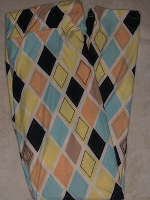 Women Lularoe TC Tall & Curvy Leggings White Yellow Blue Argyle 12-18 Unicorn 🦄 - Image 1 of 4