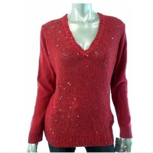 Charter Club Women Sweater L Red Knit Sequin V Neck - Picture 1 of 2
