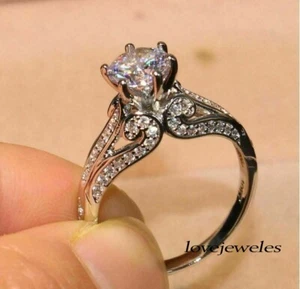 14K White Gold Finish 2CT Lab-Created Round Cut Diamond Engagement Wedding Ring - Picture 1 of 6