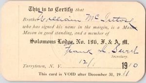 1910 Tarrytown, New York Masonic Solomons Lodge Master Mason Membership Card - Picture 1 of 2