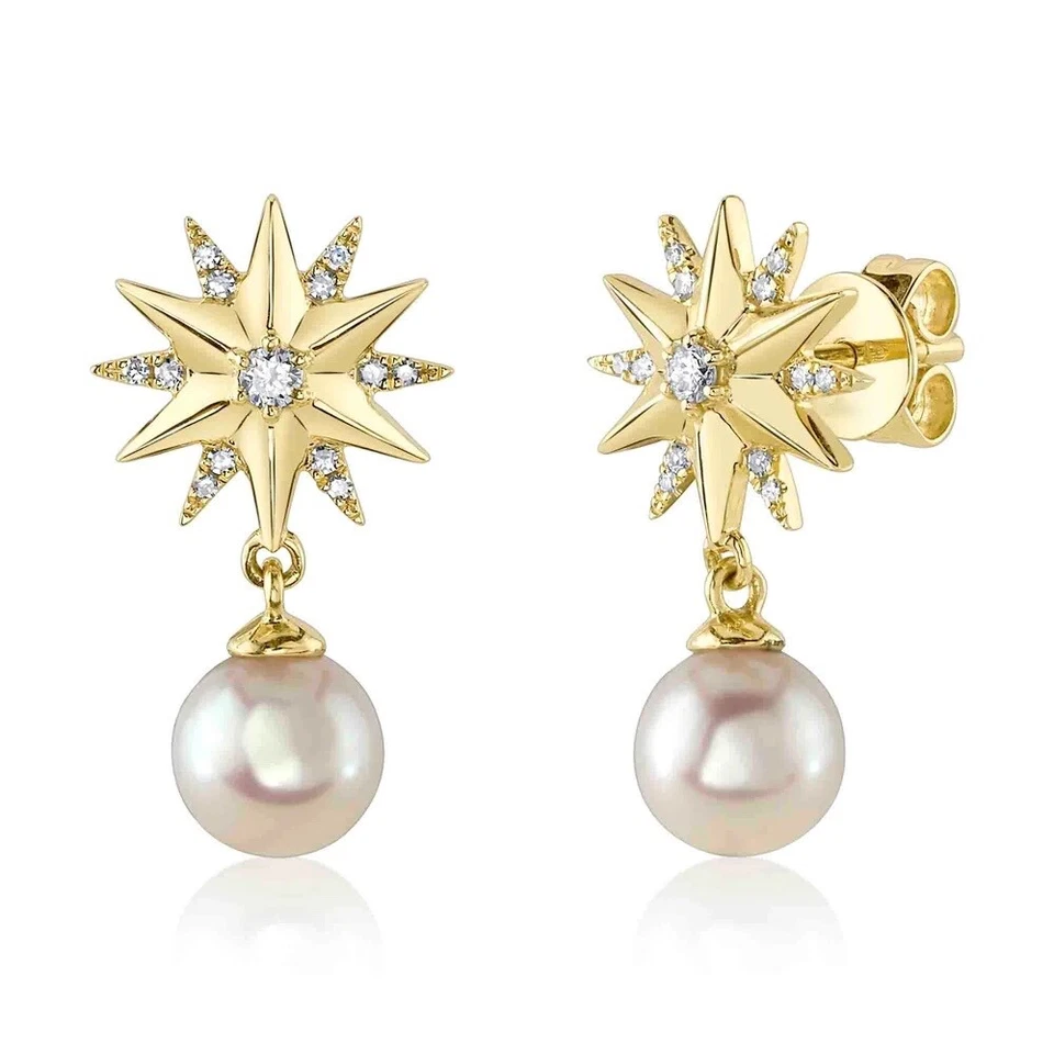 14K Yellow Gold Diamond Pearl Star Earrings Dangle Drops 0.11 CT Natural - Image 1 of 3