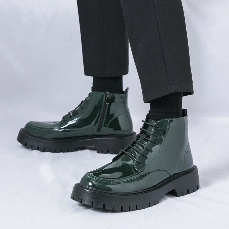 Mens Patent Leather Round Toe Pleatform Heels Lace Up Ankle Riding Boots Shoes - Image 1 of 4