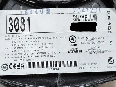 Cable de conexión Alpha 3081 #10awg Premium de cobre estañado 600 V verde con amarillo/10 pies Foto 1 de 4