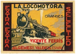 ETIQUETA CAJA NARANJA ORIGINAL VINTAGE ESPAÑOL C1930S ESPAÑA TREN LOCOMOTORA RIEL - Imagen 1 de 1
