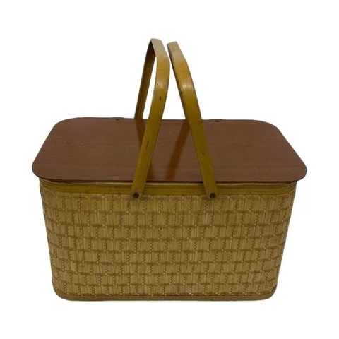 Vintage Hawkeye Burlington Picnic Basket Woven Metal Handles Wood Hinged Lid Cover