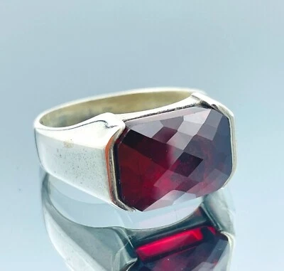 Anel masculino simulado de pedra rubi vermelha 925 prata esterlina turca feito à mão presenteá-lo - Imagem 1 de 4