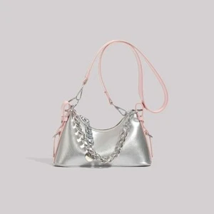 Solid Color Crossbody Bag Silver Chain Underarm Bag for Party Shopping - Picture 1 of 12
