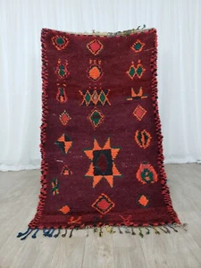 Old Moroccan Handmade Vintage Rug Azilal Wool Runner Berber Dark Red Cotton Rug - Picture 1 of 11