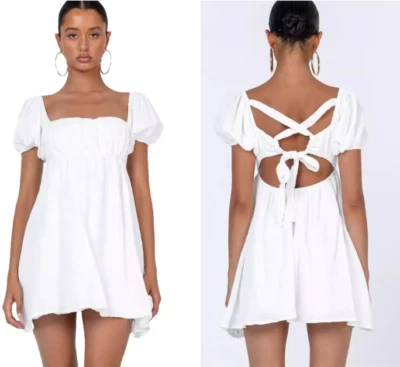 Womens Mini Pleated Dress Short Sleeve Hollow Back Square Neck Sweet Summer New - Image 1 of 4