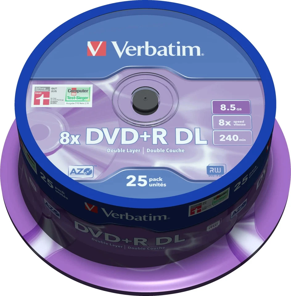 Verbatim DVD+R Double Layer 8,5GB 8x 25er Spindel Matt Silber Rohlinge DL - Bild 1 von 1
