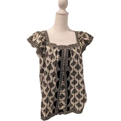 New Max Studio Blouse Women's Medium Black White Boho Puff Sleeve Floral Top NWT - Image 1 of 4