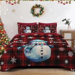 Christmas King Size Quilt Set, Winter Black Red Plaid Lightweight Bedspread C... - Picture 1 of 7