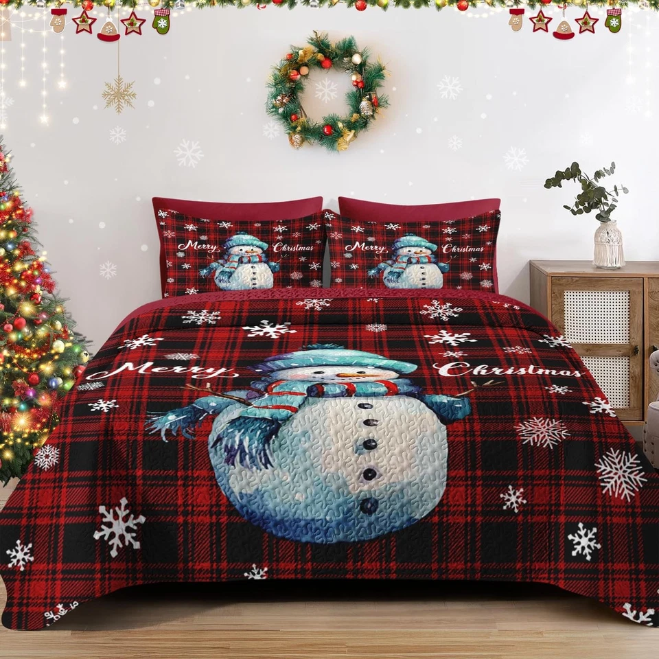 Christmas King Size Quilt Set, Winter Black Red Plaid Lightweight Bedspread C... - Image 1 of 4