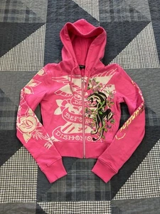 Sudadera con capucha corta con cremallera completa Ed Hardy para mujer talla pequeña rosa Y2K - Imagen 1 de 6