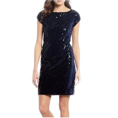 Eliza J Navy Velvet Sequined Zigzag Cap Sleeve Mini Dress Designer Size 10 - Image 1 of 4