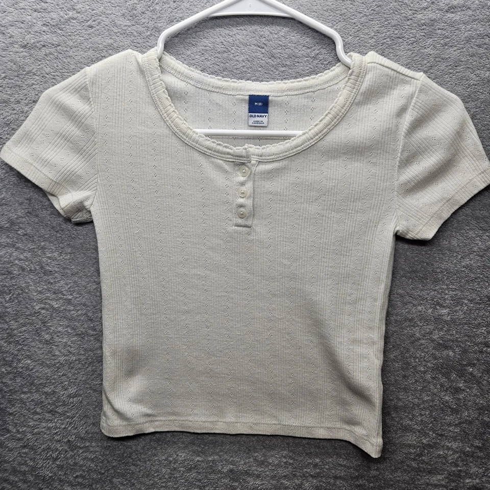 Old Navy Girls Sz M (8) Knit Round Bottom Neck Short Sleeve Top Beige  - Image 1 of 4