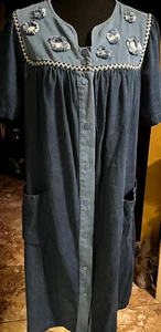 Women's Go Softly Patio SS 100% Cotton Denim Blue House Coat L Pockets Lounge - Picture 1 of 11