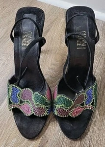 Vintage Gianni Versace Suede Rhinestone Open Toe Sandal Heels - NEED TLC Repair - Picture 1 of 20