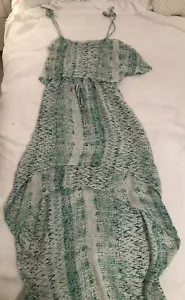 100% Silk Hi Low Length Sun Dress Green And White Print Size Small - Picture 1 of 4