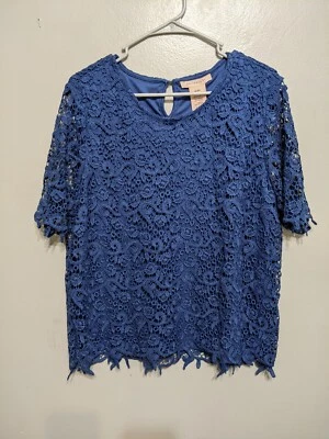Top Philosophy Mujer XL Azul Encaje Manga Corta Cuello Redondo Flecos Cerradura Foto 1 de 4