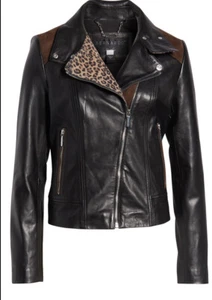 Bernardo Women's Leather Jacket Leopard Print Moto Black Small S MSRP $405 - Picture 1 of 5