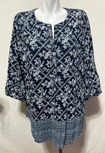 Lucky Brand Damen dunkelblau weiß Top Shirt Tunika 1X Langarm neu mit Etikett - Bild 1 von 8