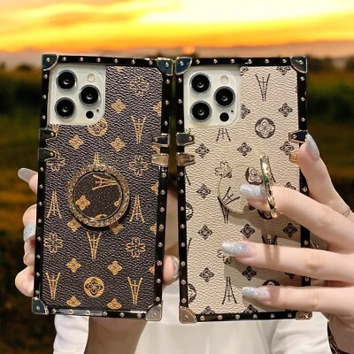 Coque de téléphone en cuir avec anneau à paillettes, coque antichoc, support - Photo 1/4