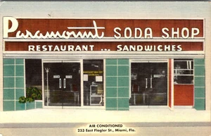 MIAMI, FLORIDA - RESTAURANTE TIENDA DE REFRESCOS PARAMONT - POSTAL DE LINO VINTAGE - Imagen 1 de 2