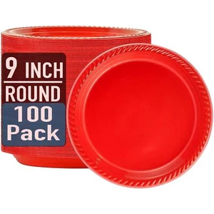 Disposable Plastic Plates Red Pack Of 100pcs 9" Round Plastic Plates For Special - Picture 1 of 6