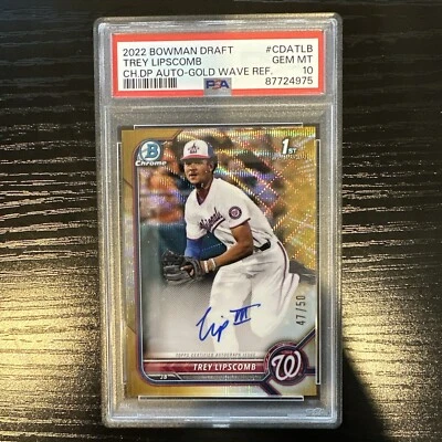 2022 Bowman Draft Trey Lipscomb Gold Wave Refractor Auto /50 PSA 10 - Image 1 of 2