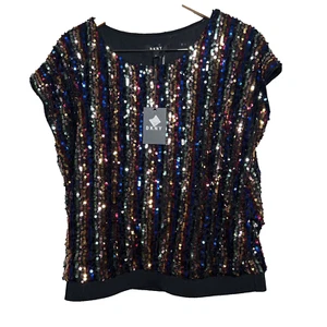DKNY women's party top sequined XL colorful cap sleeve pullover round neck NWT - Picture 1 of 10