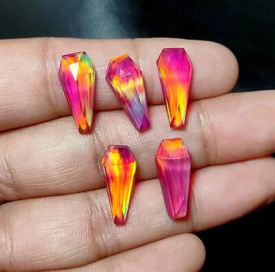 Pink Aurora Opal Doublet, Aurora Fire Opal Step Cut Coffin Cabochon, 18x8 MM - Image 1 of 4