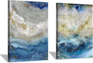 Blue Abstract Canvas Wall Art: Beige Print Picture Artwork for Bathroom without - Picture 1 of 12
