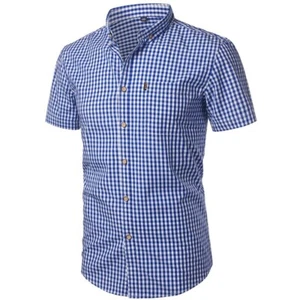 Mens Short Sleeve Plaid Shirt Striped Checked Cotton Summer Office Work Tops - Picture 1 of 11