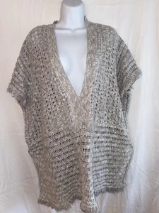 White & Warren Fringed Gray Cotton Poncho Bohemian Beachy Resort Coverup Sz S - Picture 1 of 8