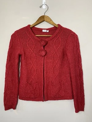 Deux par Deux Pom Pom Cardigan Girls Sz 10 Red Soft Cotton Blend Sweater Pockets - Image 1 of 4