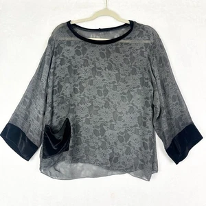 Luukaa Floral Velvet Trim Sheer Boxy Top Size Medium Gray Pocket Lagenlook Artsy - Picture 1 of 4