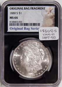 1880/9-S $1 NGC MS 64 ORIGINAL BAG FRAGMENT LABEL ~ VAM-11 HOT-50 MORGAN DOLLAR - Picture 1 of 3