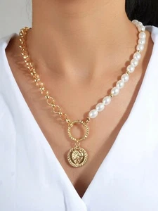 Gold Chain with Pearl Lion Head Round Pendant Necklace Chunky Gothic Jewellery - Picture 1 of 4