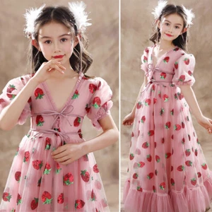 Strawberry Ruffle Tulle Tutu Long Gown Dress Evening Host Princess Flower Girl - Picture 1 of 11