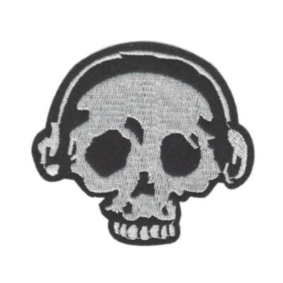 DJ SKULL IRON ON PATCH 2.8" Skeleton Headphones Music Biker Embroidered Applique - Image 1 of 2