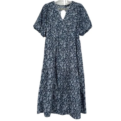 Vestido M&S Boho Floral Línea A Midi Azul Cottagecore Mangas Abullonadas Talla 16 Foto 1 de 4